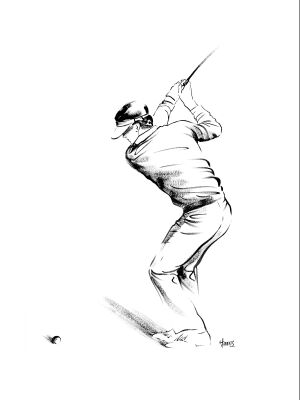 Sport illustratie van een Golf speler. (nr2 van 4) Zwarte acrylverf op papier