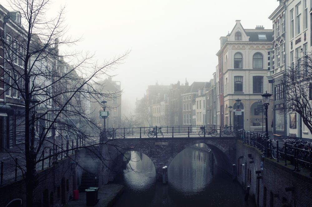 The Maartensbrug over the Oudegracht in Utrecht in the mist.