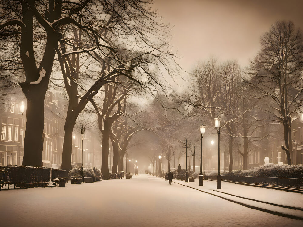 Laan met lantaarns in de winter