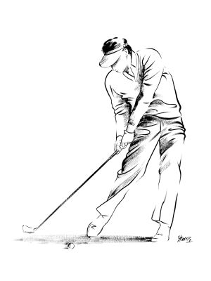 Sport illustratie van een Golf speler. (nr4 van 4) Zwarte acrylverf op papier