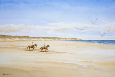 Duin en strand landschap aquarel met twee ruiters op het strand van Texel - aquarel op papier
