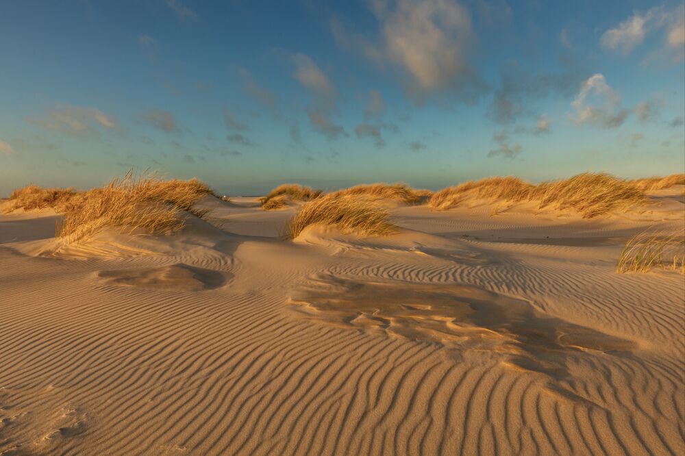 Blauwe lucht en structuren in het zand