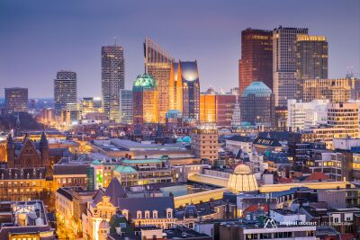 City view of The Hague with iconic architecture at sunrise