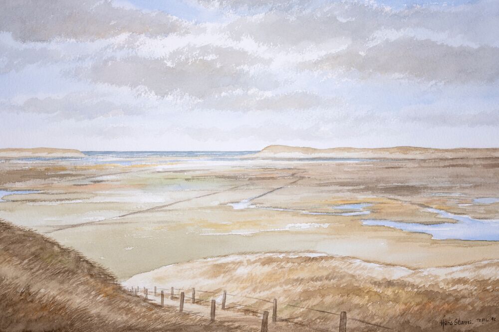Duinlandschap en zicht op De Slufter en de Noordzee op Texel - aquarel