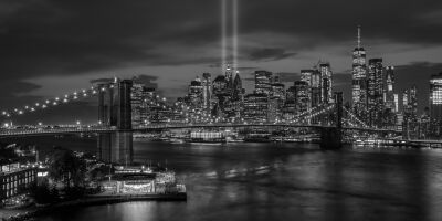 New York City Skyline and Brooklyn Bridge in black and white - September 11 Memorial