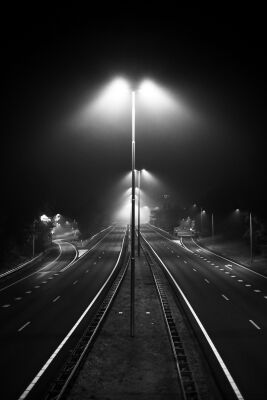 Monochrome Foggy Midnight Motorway