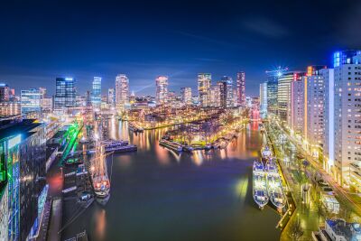 Rotterdam at night: stunning view of the harbor and skyline