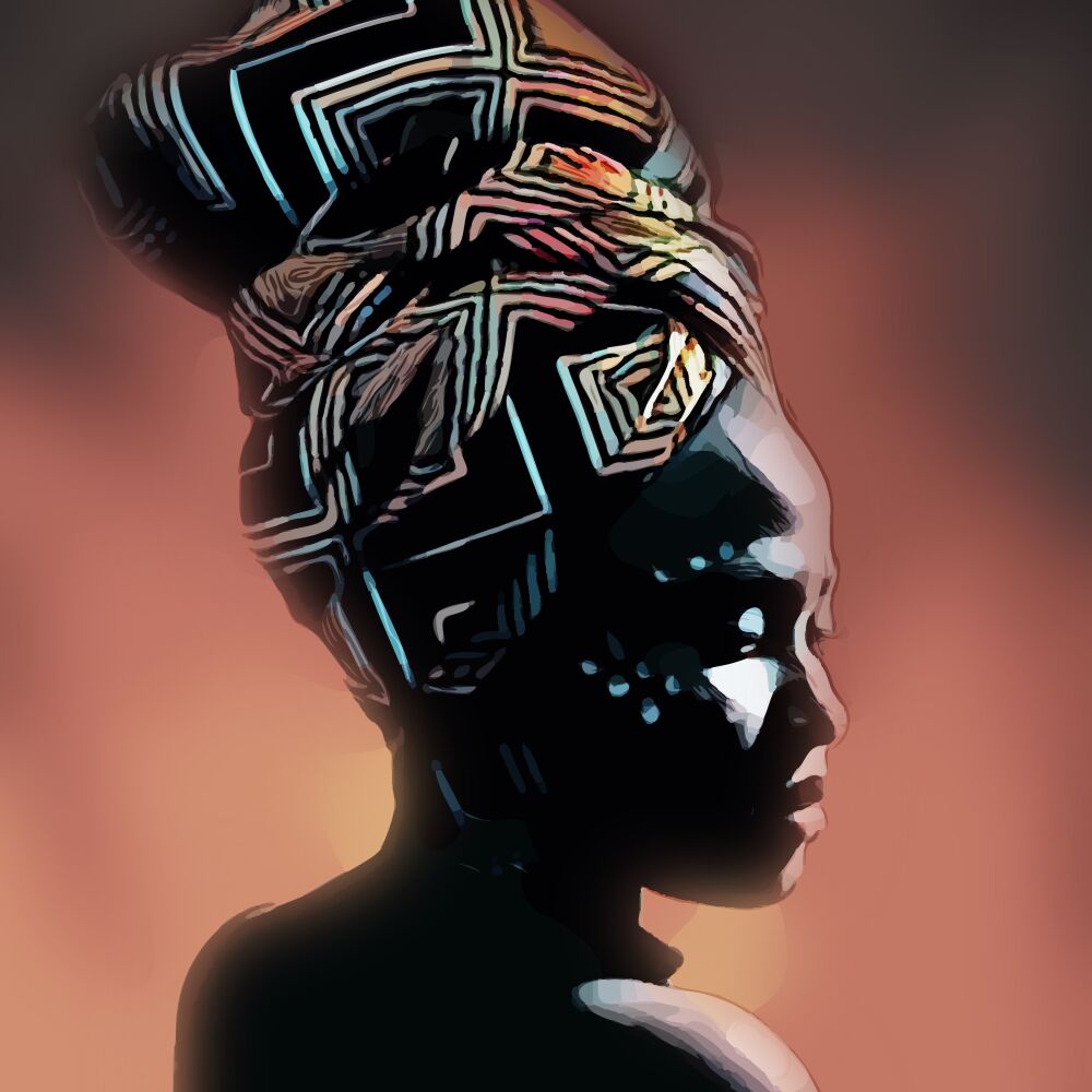Afrikaanse vrouw met hoofddoek en ondergaande zon