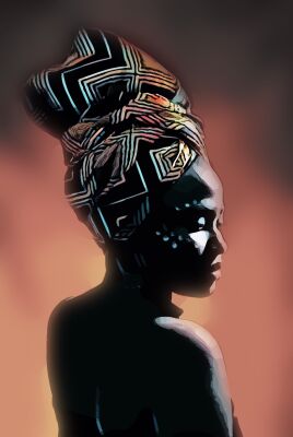 Afrikaanse vrouw met hoofddoek en ondergaande zon