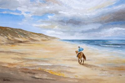 Paardrijden op het Noordzee strand. Aquarel op papier