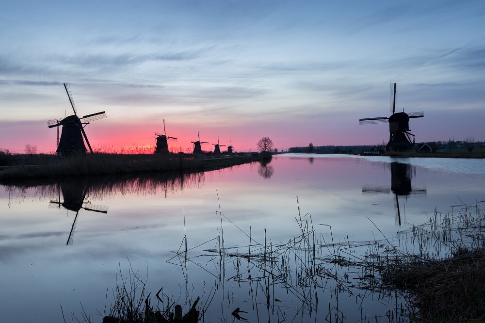 Molens Kinderdijk bij zonsopgang