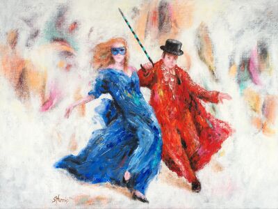 Dansen in blauw en rood. Acryl op doek door Hans Sturris.