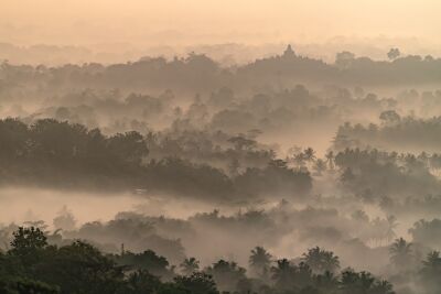Borobudur on a misty morning during sunrise