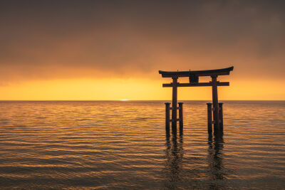 Torii gate at lake Biwa during sunrise