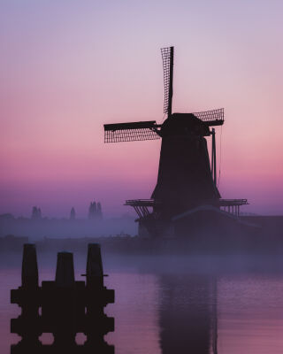 Pink Windmill Zaanse Schans Silhouette Mist Golden Hour