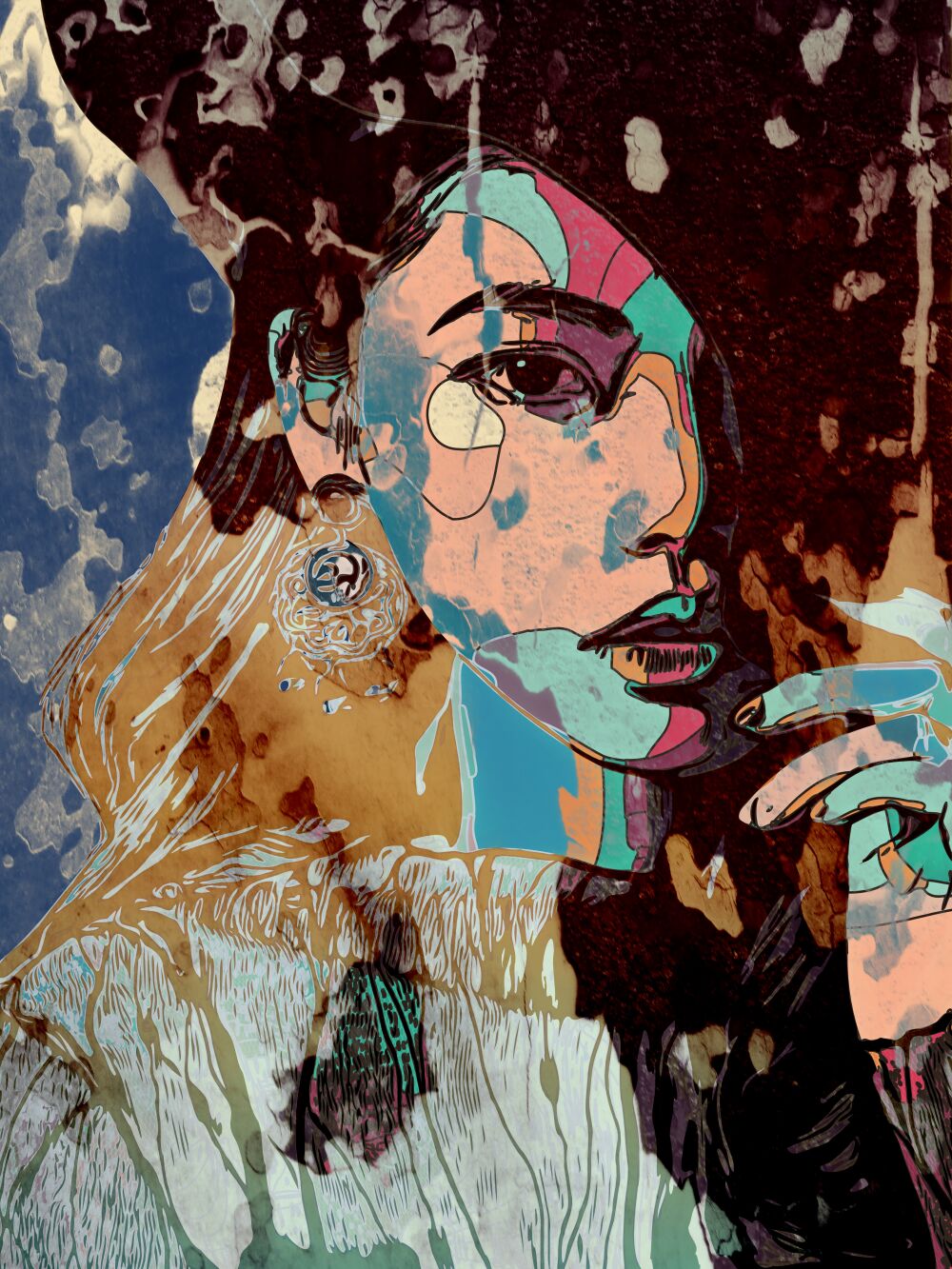 Paperdreams | vrouwen gezicht in mixed media, lijntekening met collage effect
